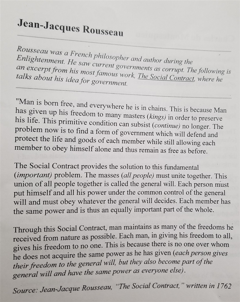 According to Rousseau, how does a man keep his freedom under a government created-example-1