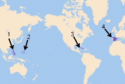 Which number on the map shows Guam ? Which number shows Philippians? Which shows Cuba-example-1