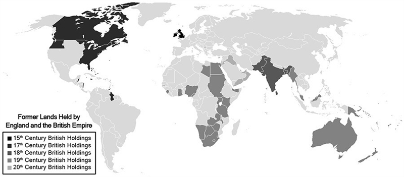 Describe FIVE stages for the spread of the English language, based on this map. Be-example-1