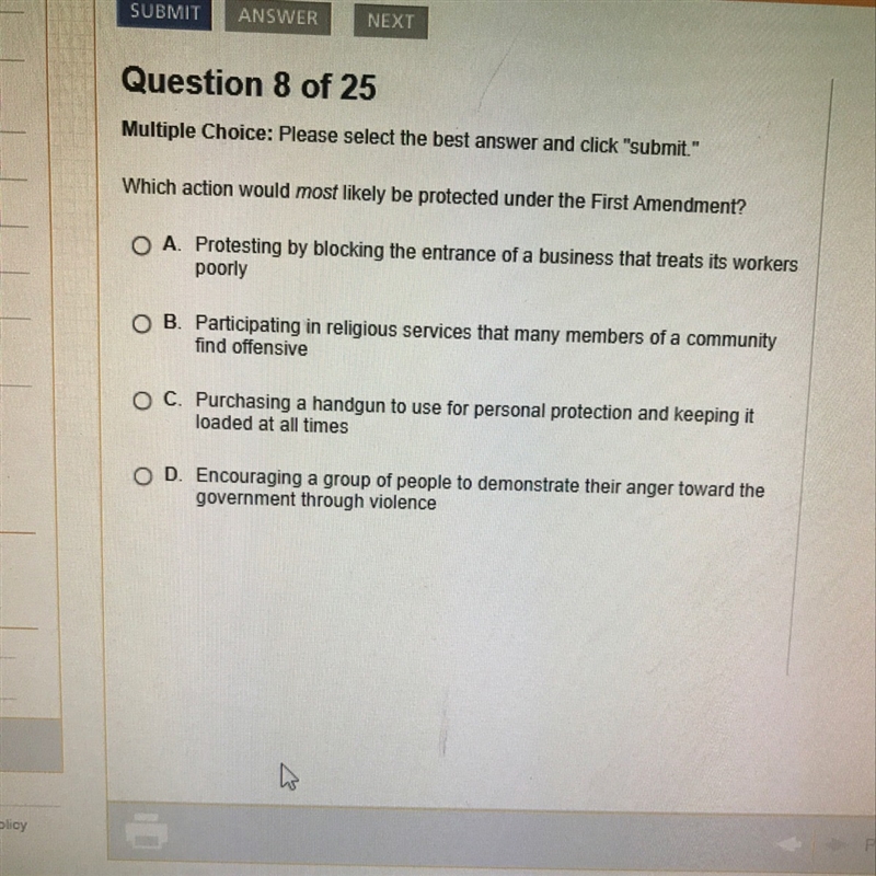 Which action would most likely be protected under the first amendment ?-example-1