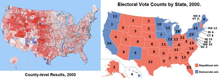 Together, these maps prove that A. county-level votes for a state have no relationship-example-1