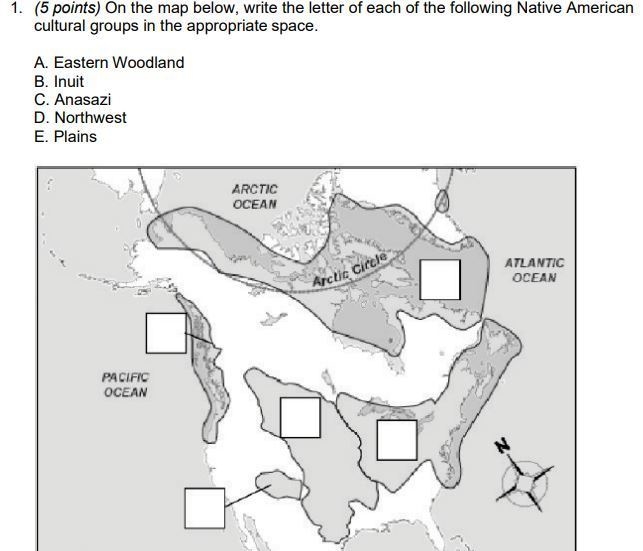 On the map below, write the letter of each of the following Native American cultural-example-1