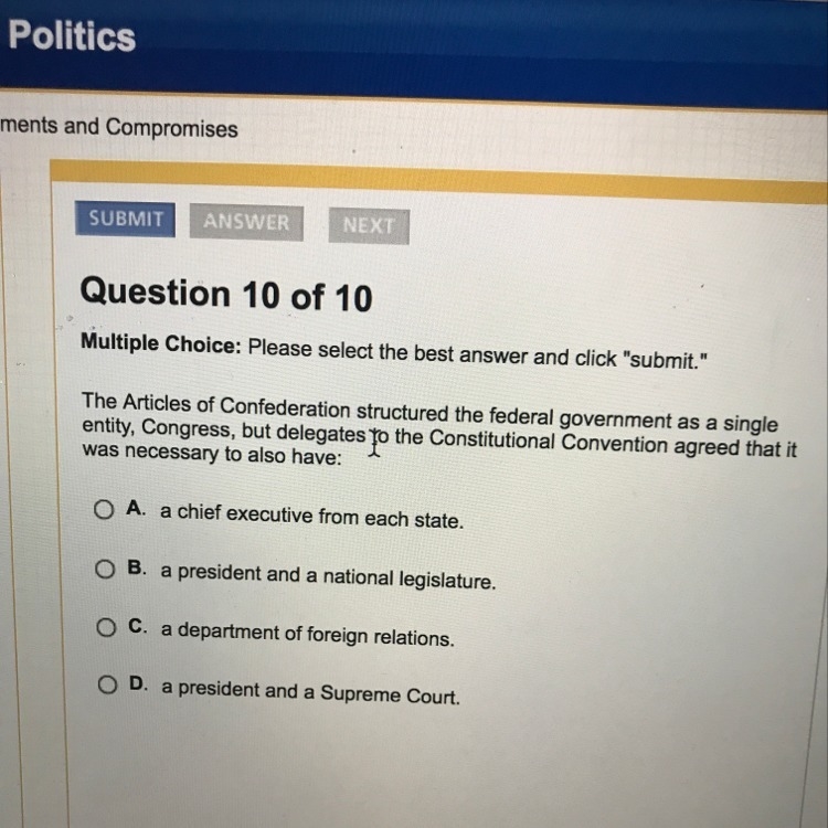 The articles of confederation structured the federal government as a single entity-example-1