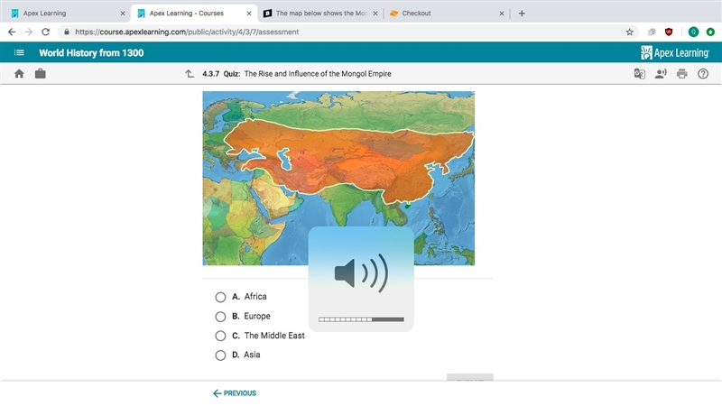 The map below shows the Mongol Empire at its height. Which of the following regions-example-1