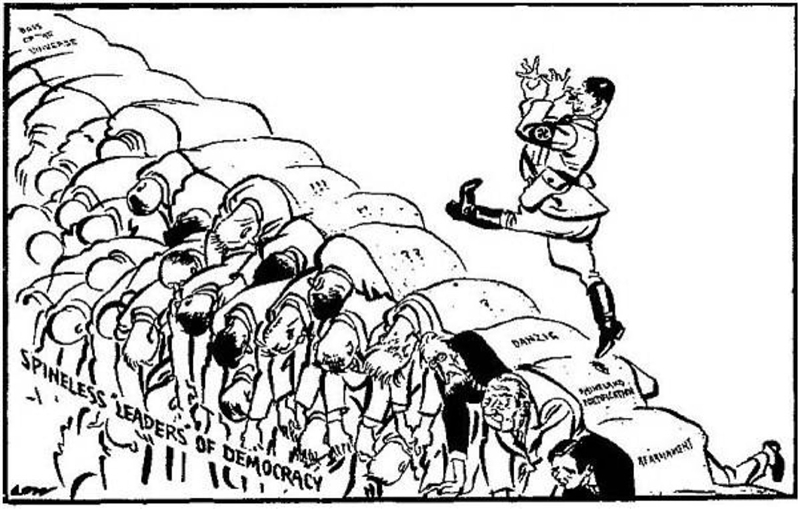 This cartoon is referencing which situation of the 1930s? A) Appeasement B) Blitzkrieg-example-1