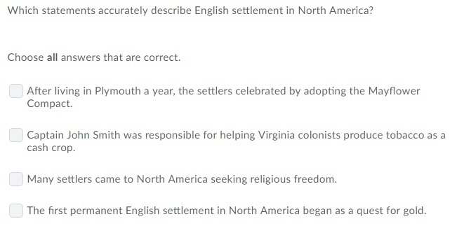 Which statements accurately describe English settlement North America-example-1