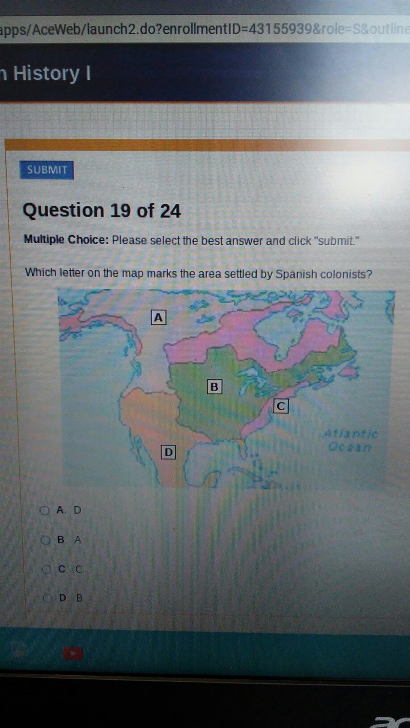 Which letter on the map marks the area settled by spanish colonists-example-1