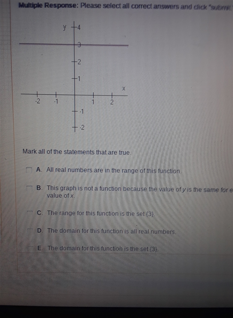 HELP PLEASE THIS IS A FUNCTION GRAPH!!!! A. All Real Numbers are in the range of this-example-1