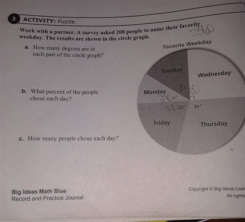 A survey asked 200 people to name their favorite weekday. The results are shown in-example-1