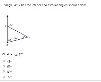 Triangle WXY has the interior and exterior angles shown below.-example-1