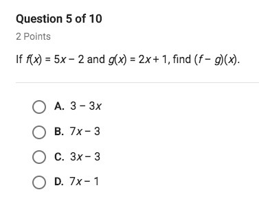 If f(x) = 5x - 2 and g(x) = 2x + 1, find (f - g)(x)-example-1