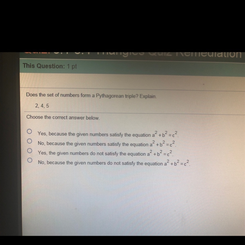 Does the set of numbers form a Pythagorean triple? Explain Please help me-example-1