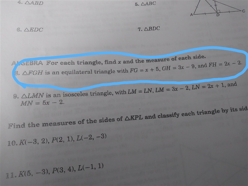 triangle FGH is an equilateral triangle with FG=x+5,GH=3x-9,and FH=2x-2 . find x and-example-1