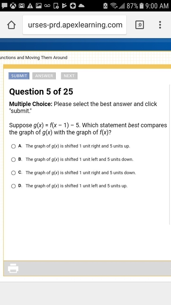 Suppose g(x)=f(x-1)-5. which statement...-example-1