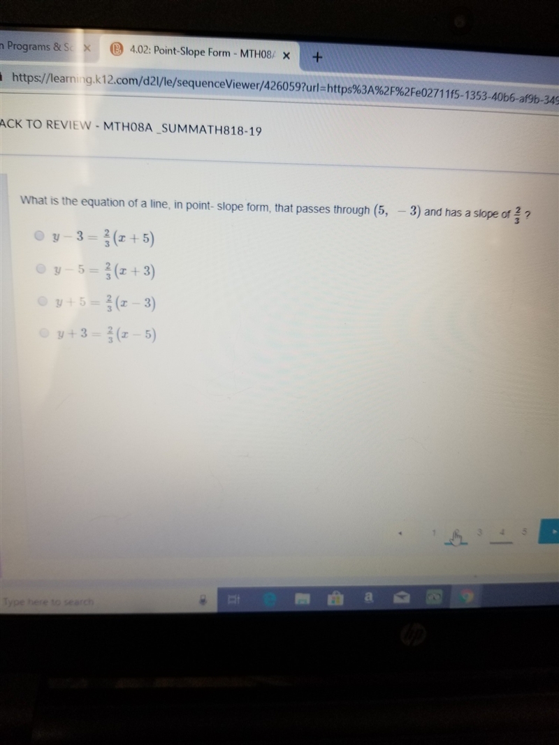 what is the equation of a line, in point-slope form, that passes through (5, -3) and-example-1