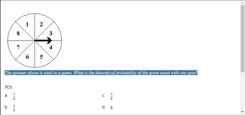 The spinner above is used in a game. What is the theoretical probability of the given-example-1