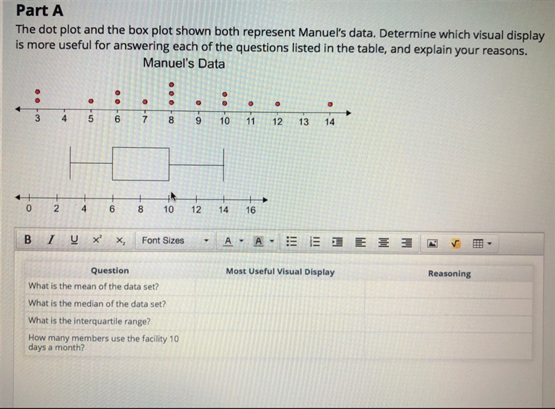 The dot plot and the box plot shown both represent Manuel’s data. Determine which-example-1