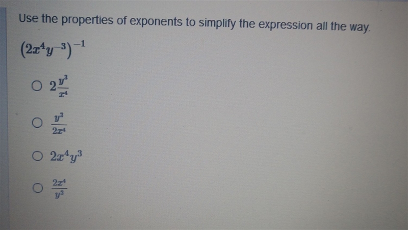 Use the properties of exponents to simplify the expression all the way. Math!!!Help-example-1