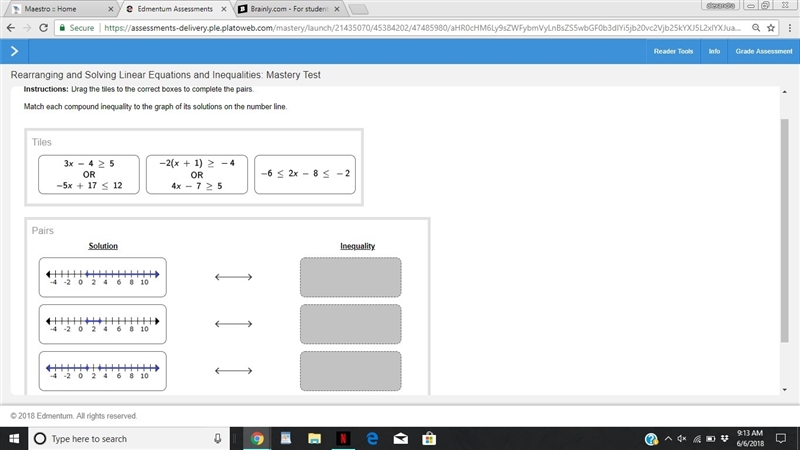 Match each compound inequality to the graph of its solutions on the number line.-example-1