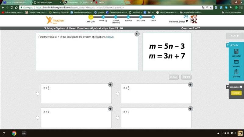 Find the value of n in the solution to the system of equations shown.-example-1