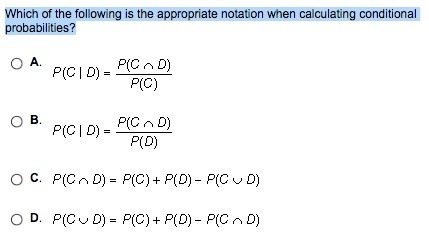 Which of the following is the appropriate notation when calculating conditional probabilities-example-1