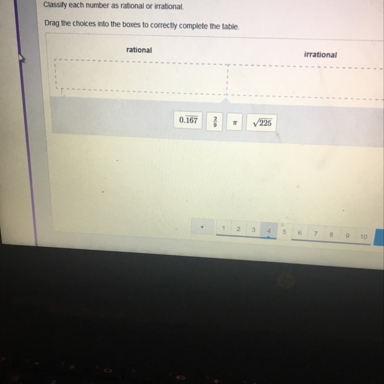 Classify each number as a rational or irrational. Drag the choices into the boxes-example-1