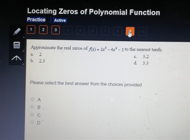 Locating Zeros of Polynomial Function: Approximate the real zeros of f(x)=2x^3-4x-example-1