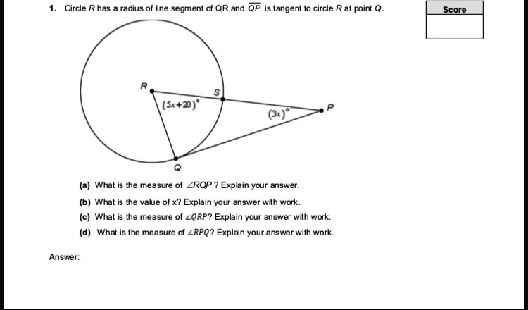 Circle R has a radius of line segment of QR and QP is a tangent to circle R at point-example-1