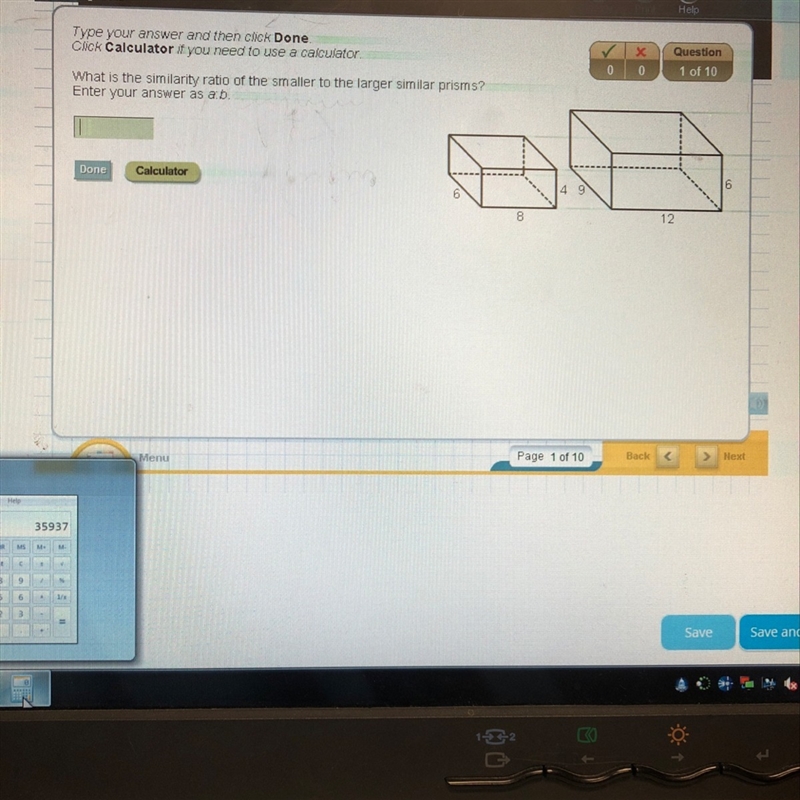 What is the similarity ratio of the smaller to the larger prisms? Enter your answer-example-1