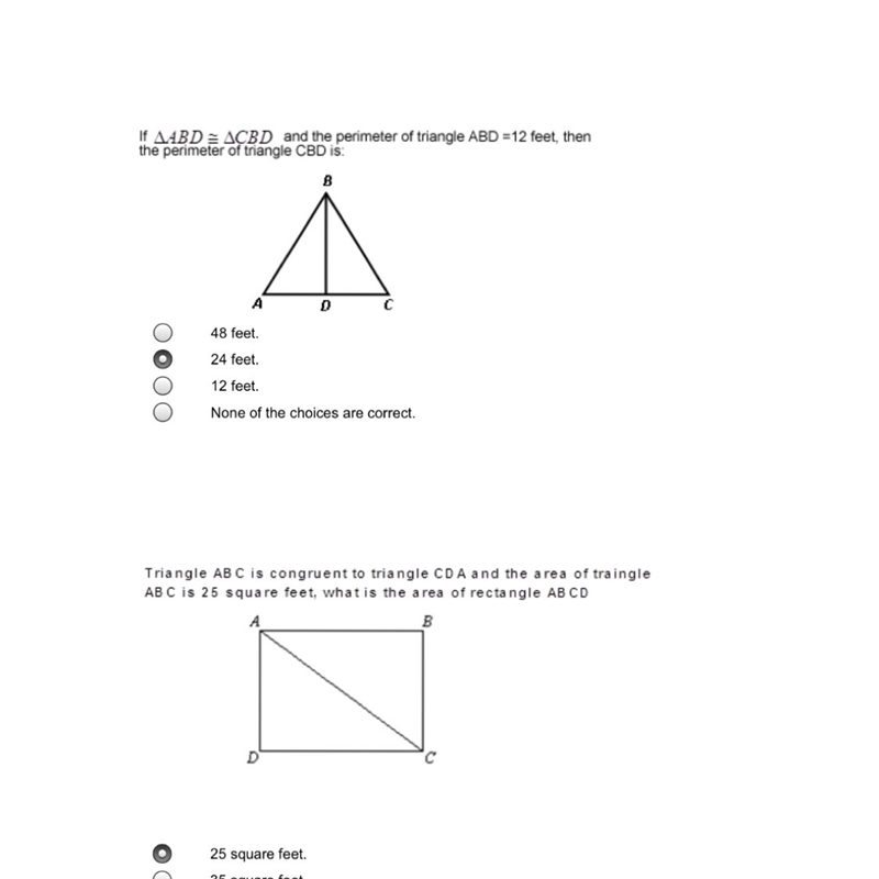 If abd = cbd and the perimeter of triangle abd = 12 feet then the perimeter of triangle-example-1