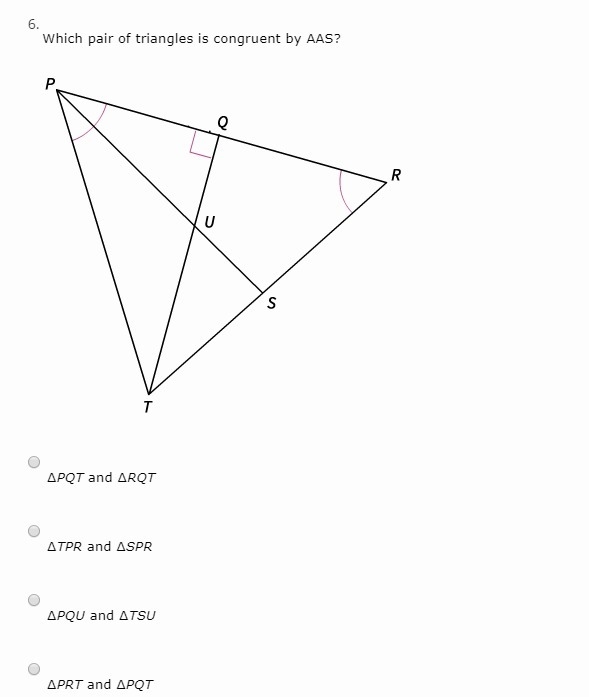 Which pair of triangles is congruent by AAS? ∆PQT and ∆RQT ∆TPR and ∆SPR ∆PQU and-example-1