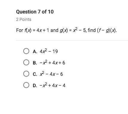 If f(x) = 4x + 1 and g(x) = x^2 - 5, find (f - g)(x)-example-1