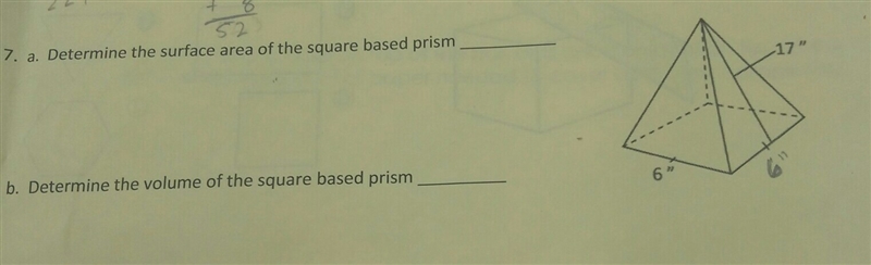 Determine the surface area of the square based prism-example-1