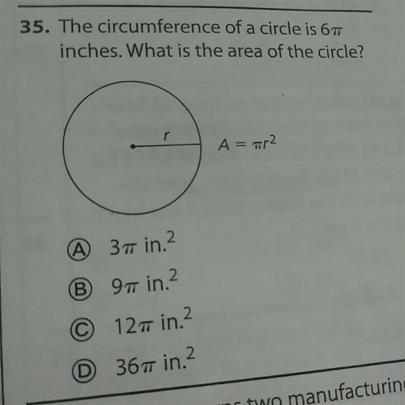 The circumference of a cirlcle is 6π inches. What is the area of the cirlce?-example-1