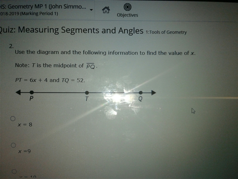 A) x = 8 B) x = 9 C) x = 10 D) x = 9.3-example-1