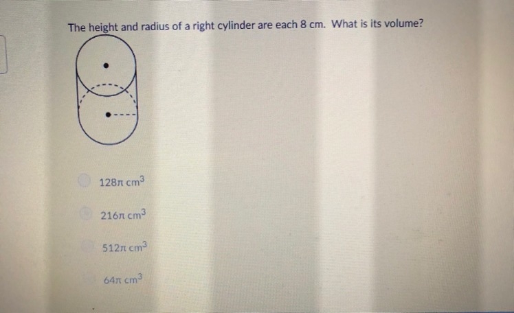 The height and radius of a right cylinder are each 8 cm. What is it’s volume?-example-1