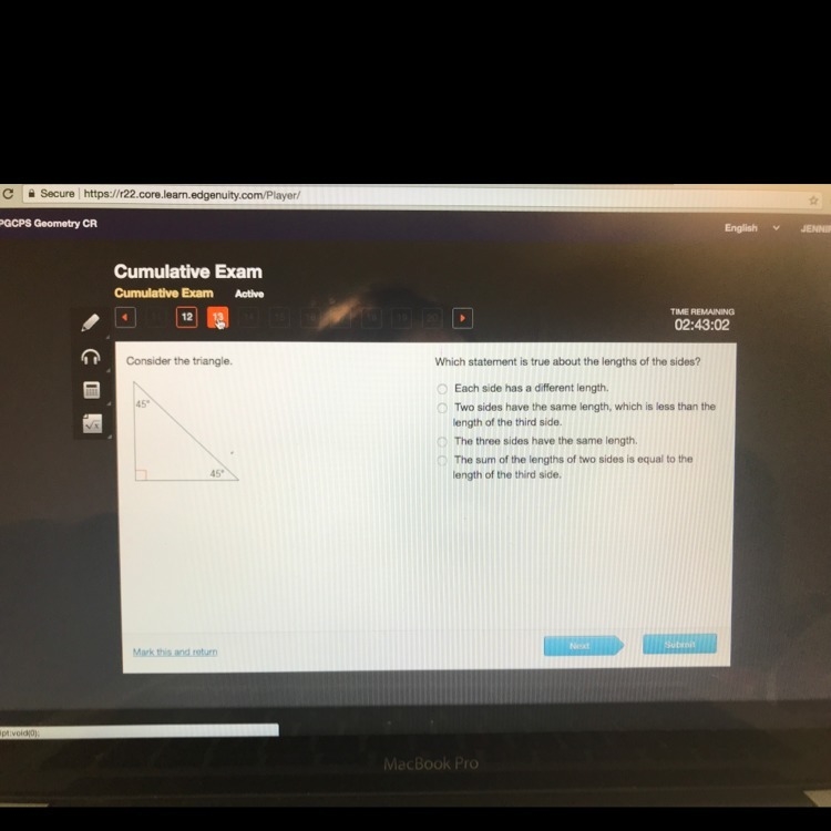 Consider this triangle. Which statements is true about the lengths of the sides?-example-1