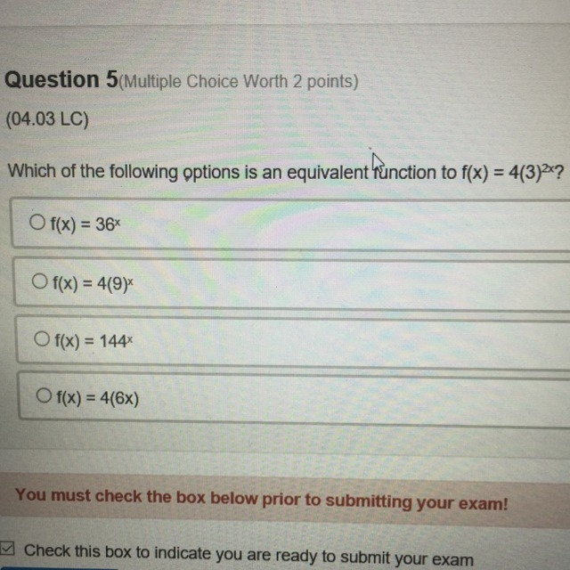 Which of the following options is an equivalent function of f(x)=4(3)^2x WARNING IT-example-1