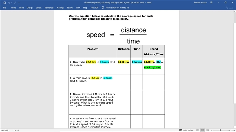 Use the equation below to calculate the average speed for each problem, then complete-example-1