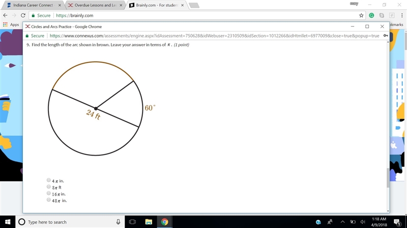 Find the length of the arc shown in brown. Leave your answer in terms of pi.-example-1