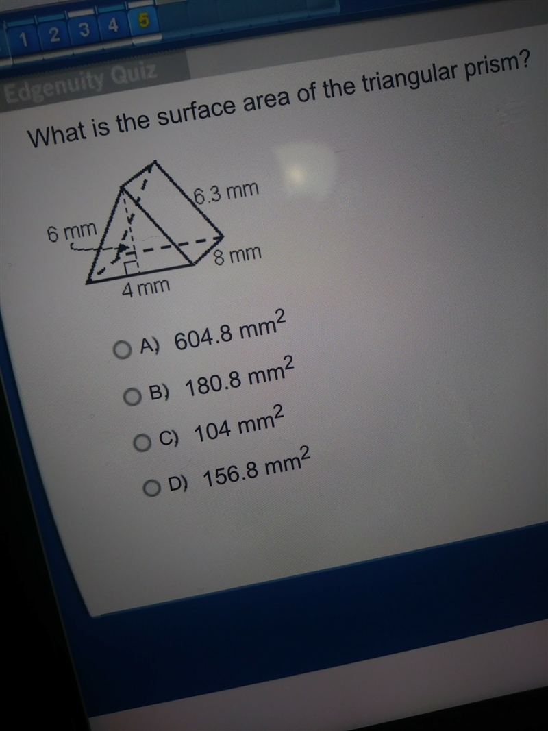 what is the surface area of a triangular prism with a length of 8 base of 4 height-example-1