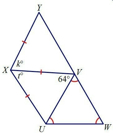 If VUW is equiangular, find k and t. A. k = 62, t = 74 B. k = 64, t = 52 C. k = 68, t-example-1