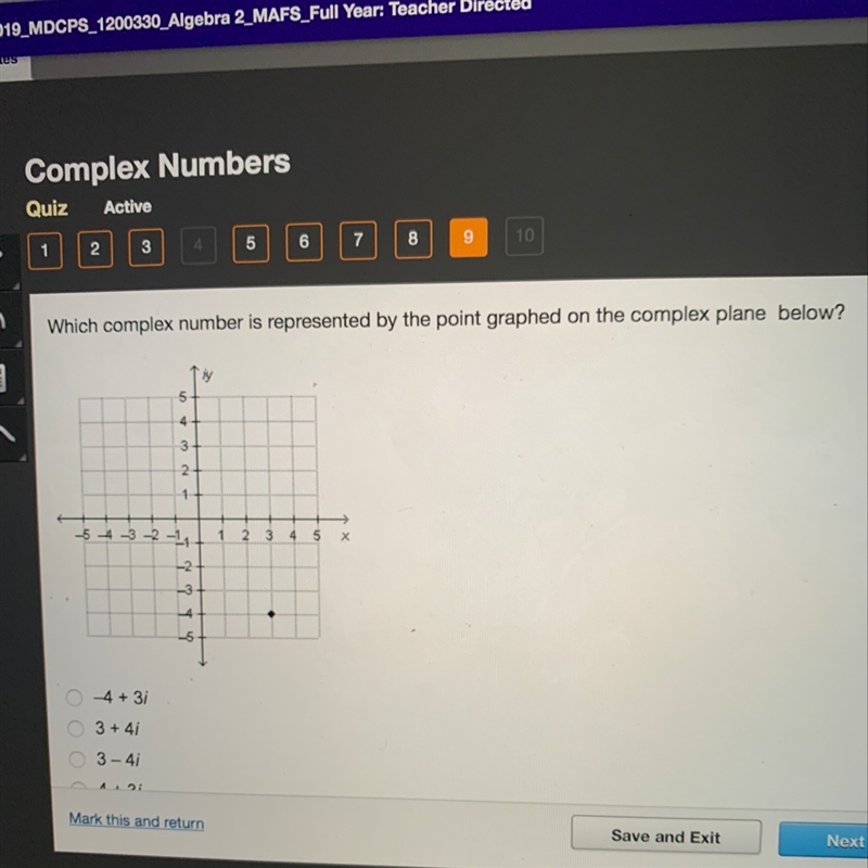 Which complex number is represented by the point graphed on the complex plane below-example-1