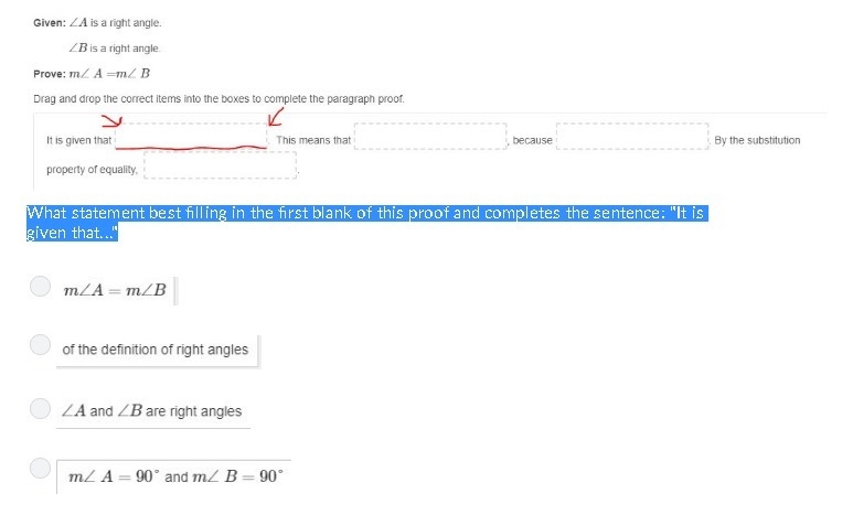 What statement best filling in the first blank of this proof and completes the sentence-example-1