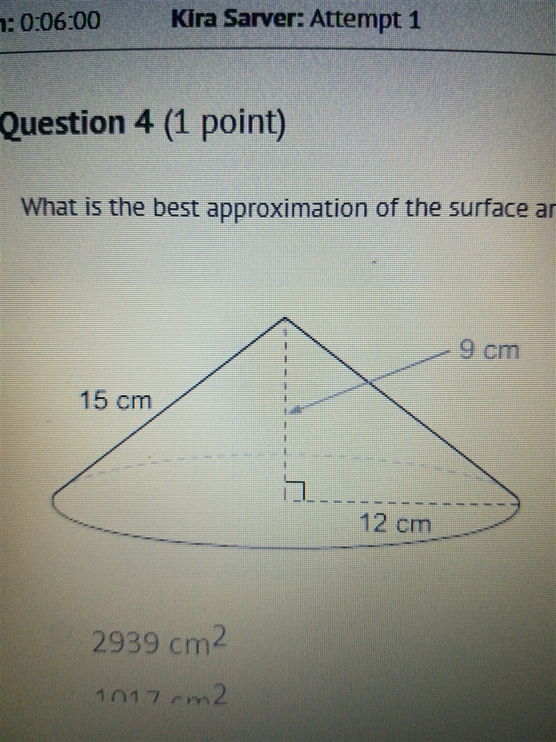 What is the best approximation of the surface area of this right cone-example-1