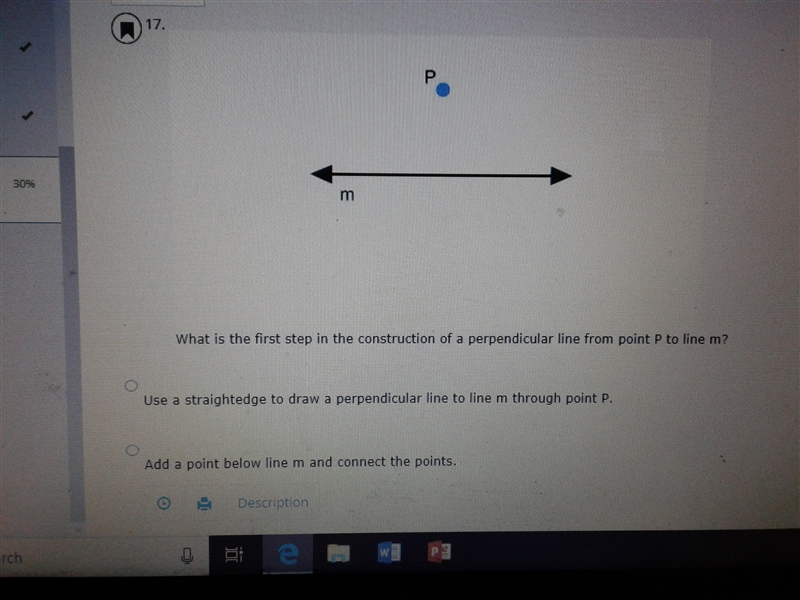 What is the first step in the construction of a perpendicular line from point P to-example-1