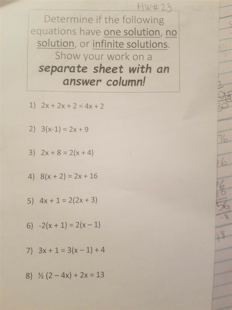 worth 35 points 1-8 Determine if the following equations have one solution, no soution-example-1