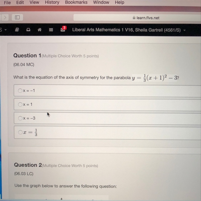 What is the equation of the axis of symmetry for the parabola y= 1/3 (x+1)^2-3-example-1