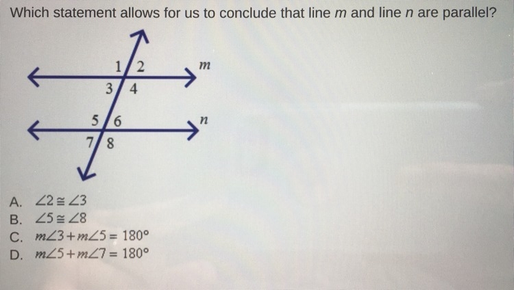 Which statement allows for us to conclude that line M and line N are parallel?-example-1