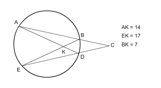 If AK= 14, EK=17, BK= 7 , What is the length of DK? 12.7 8.5 7.0 3.5-example-1